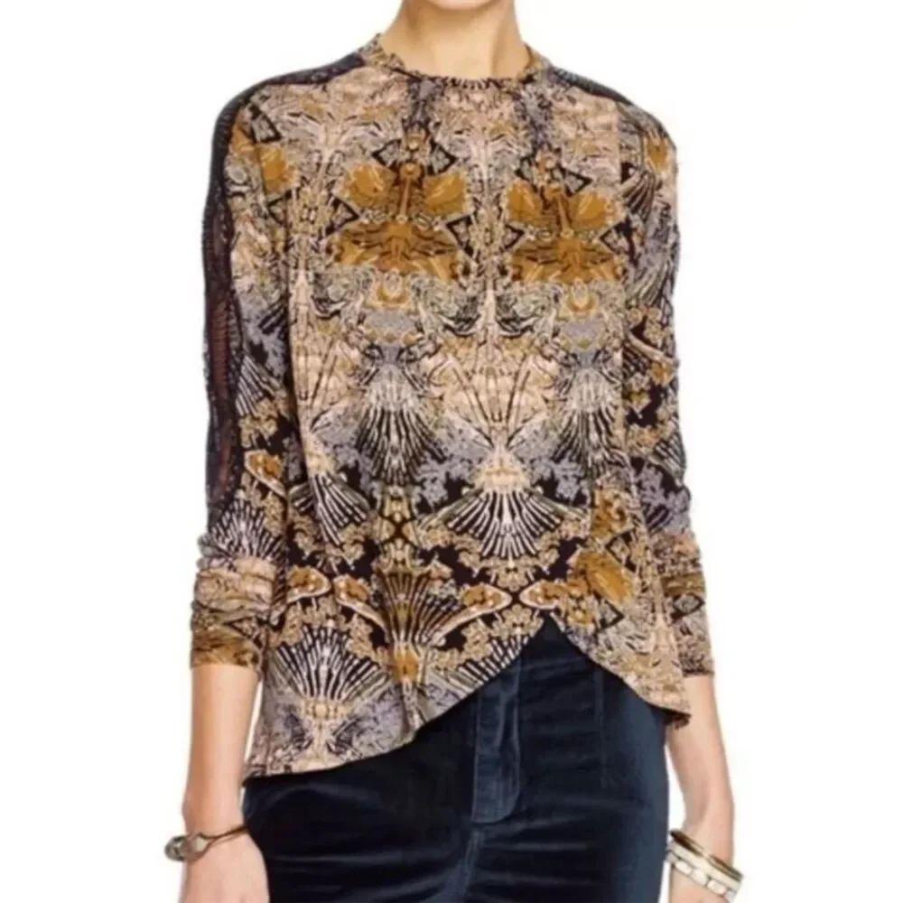 Free People Women's XS Tulip‎ Drape Nouveau Blouse Top Boho Coal Combo Lace